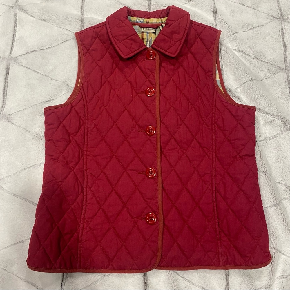 LL Bean Riding Quilted Vest Womens Medium Red Plaid Thermore Thermal Insulation